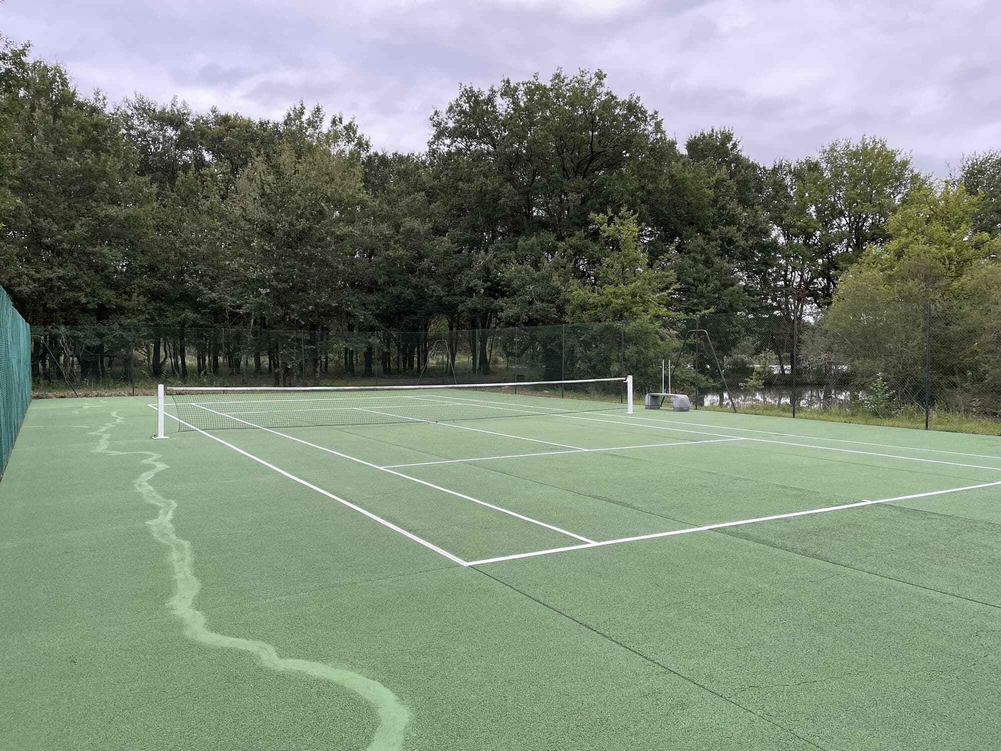 Court de tennis vert avec lignes de jeu fraîchement tracées